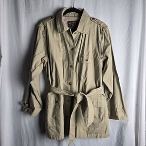 Vtg Womens Large Woolrich Cotton Button Close Safari Jacket Belted Khaki Chore